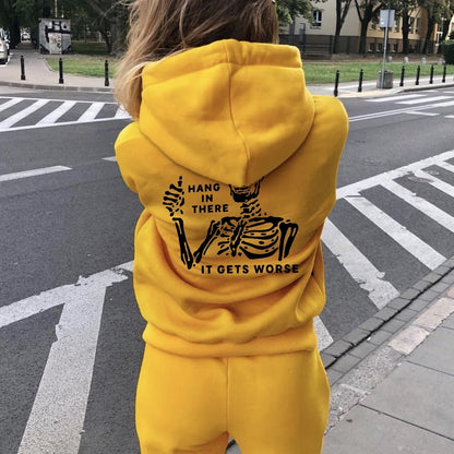 Hang In There Skeleton Printed Back Unisex Cotton Hoodie
