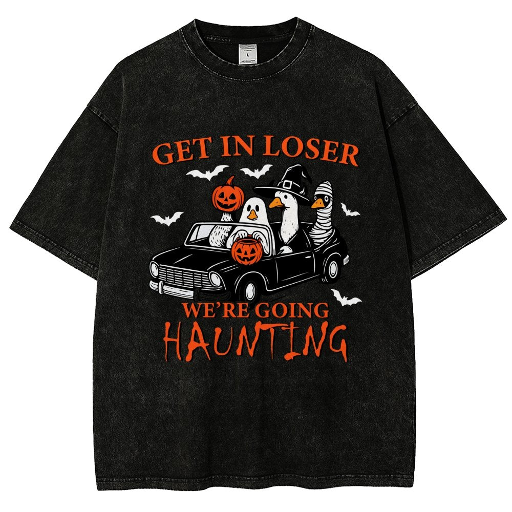 Get in Loser We’re Going Haunting Halloween Ghost Goose Vintage Distressed T-shirt