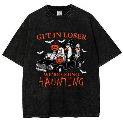 Get in Loser We’re Going Haunting Halloween Ghost Goose Vintage Distressed T-shirt