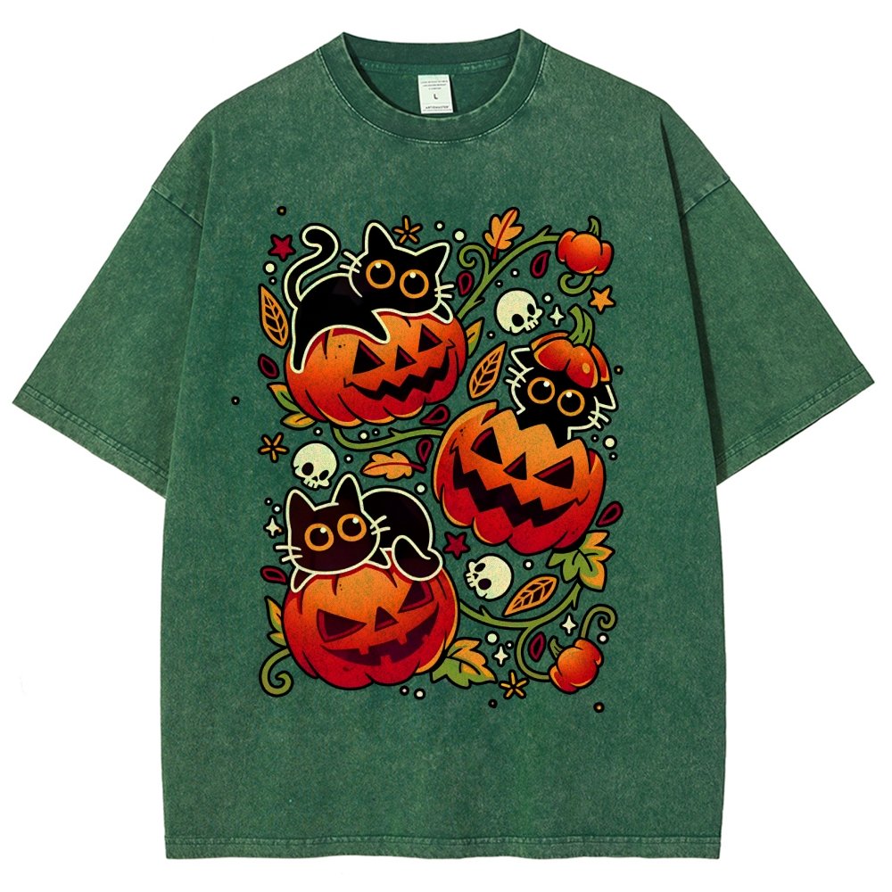 Black Cat Pumpkin Halloween Party Vintage Distressed T-shirt