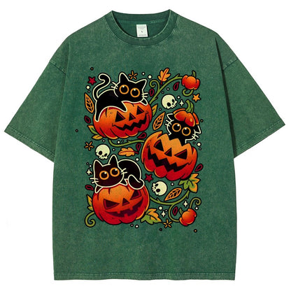 Black Cat Pumpkin Halloween Party Vintage Distressed T-shirt