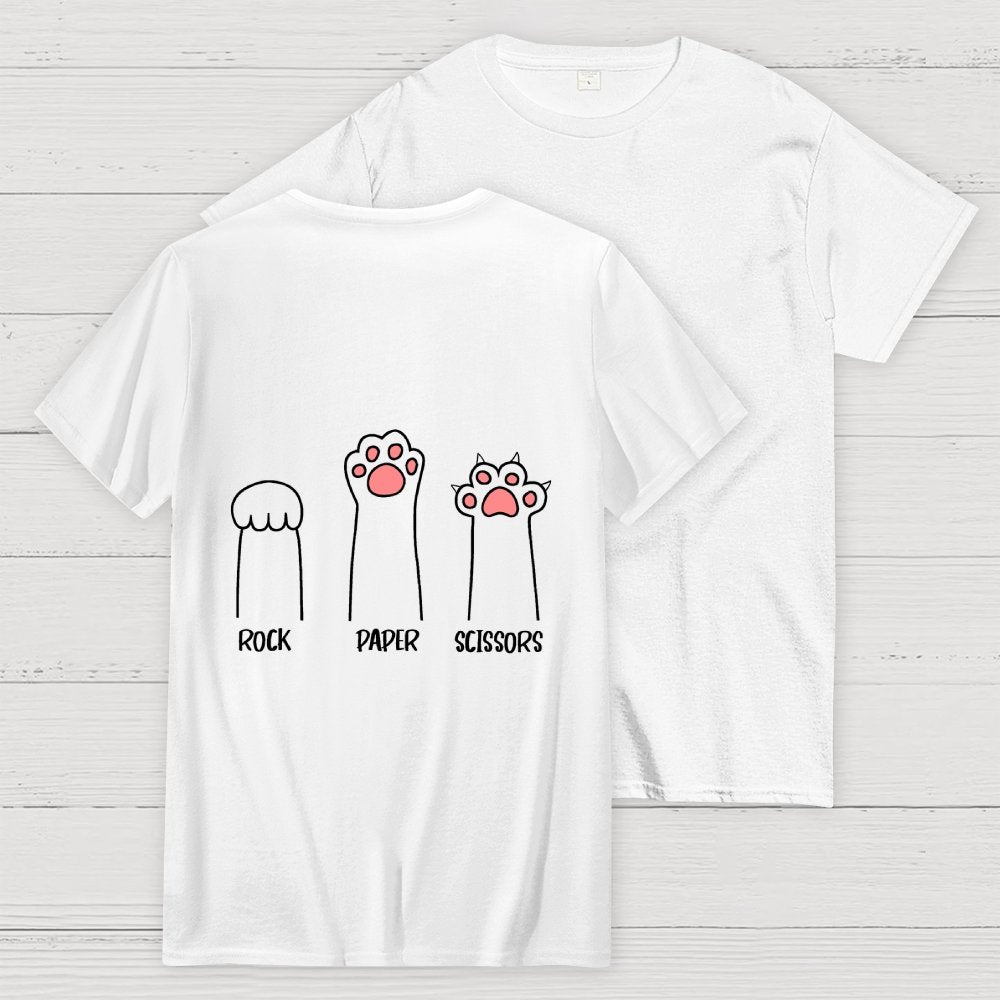 Rock Paper Scissors Hand Game Cute Paw Funny Cat Front And Back Printing Geek T-Shirt