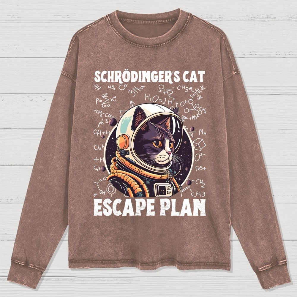 Funny Schrödinger's Cat Escape Plan Science Washed Long Sleeve Tee