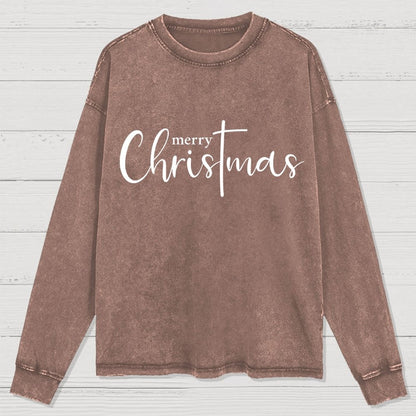 Merry Christmas .Christmas Cross Washed Long Sleeve Tee