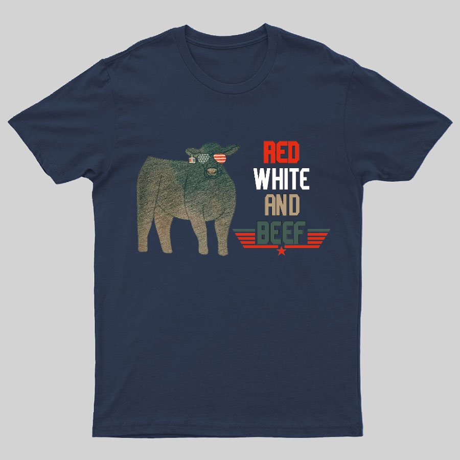 Red White And Beef Cattle Independence Day Geeky T-Shirt