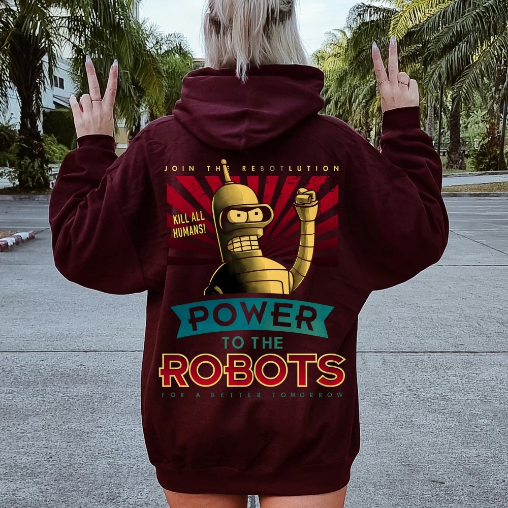 Power To The Robots Printed Back Cotton Hoodie