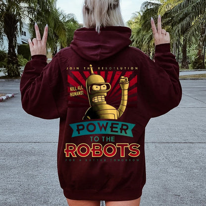 Power To The Robots Printed Back Cotton Hoodie