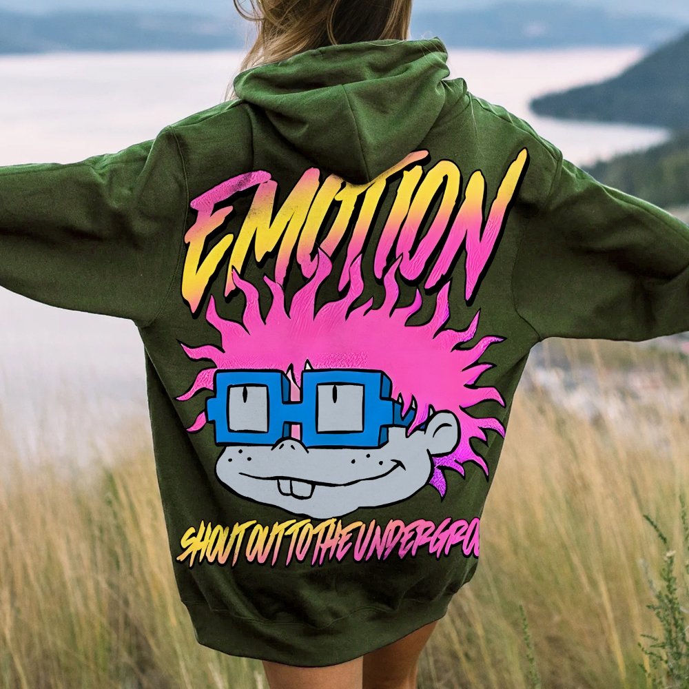 Vintage Cartoon Monster Graphic Print Printed Back Cotton Hoodie