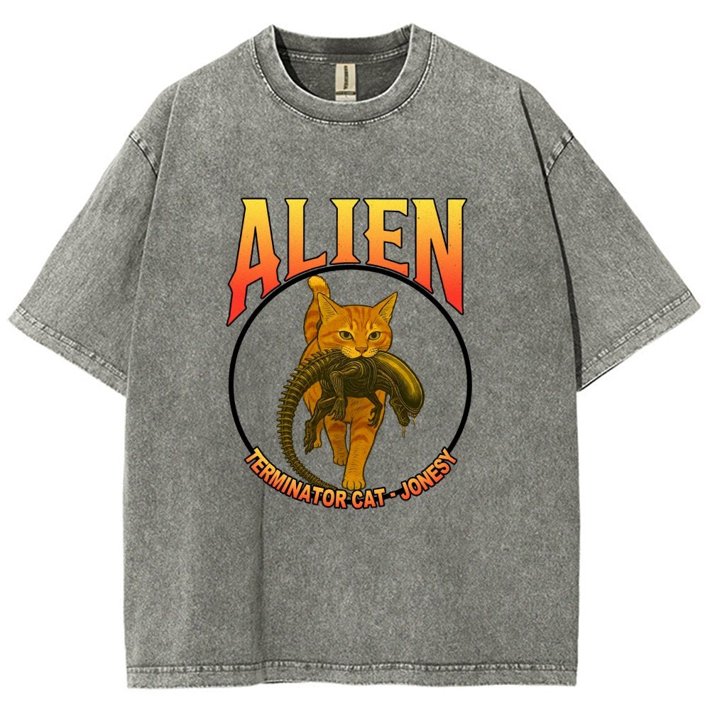 Black Cat Eating Alien Vintage Distressed T-shirt