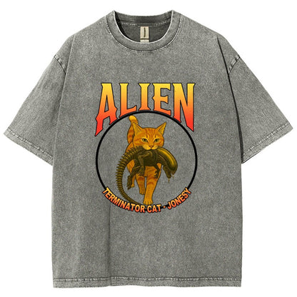Black Cat Eating Alien Vintage Distressed T-shirt