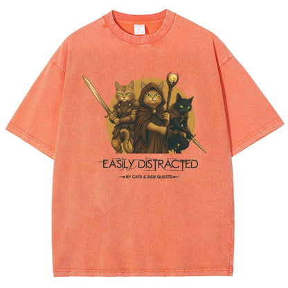 Easily Distracted By Cats And Side Quests Vintage Distressed T-shirt