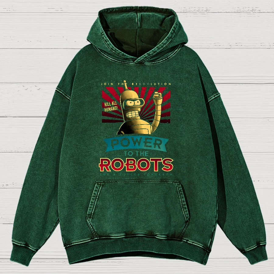 Power To The Robots Vintage Distressed Hoodie