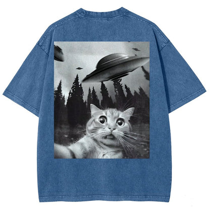 Ufo Cat Back Washed T-Shirt