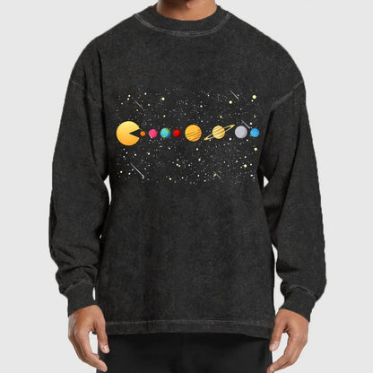 Funny Solar System - Astronauts Space Video Games Washed Long Sleeve Tee
