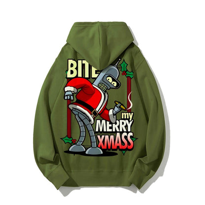 Happy Christmas From Robot Printed Back Cotton Hoodie