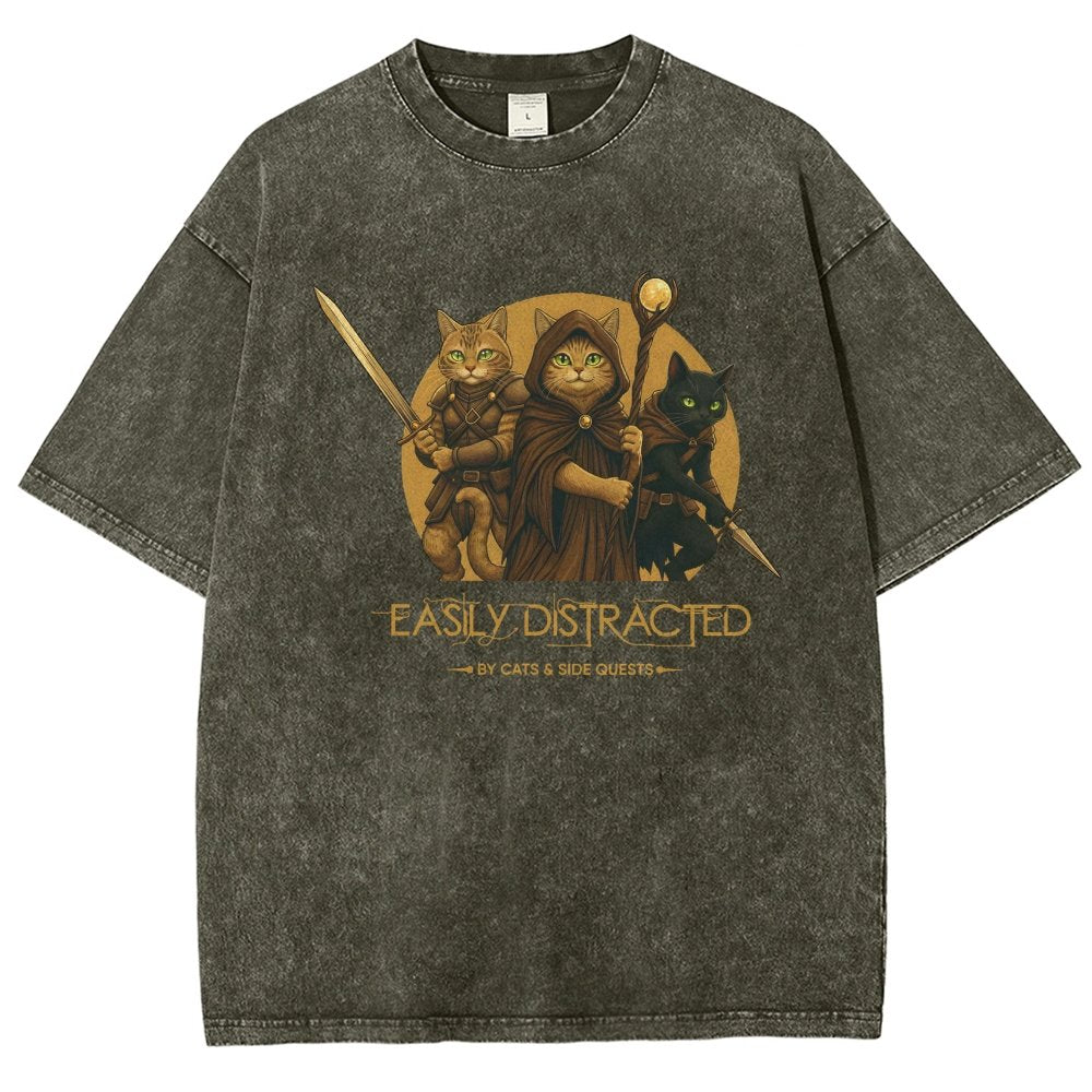 Easily Distracted By Cats And Side Quests Vintage Distressed T-shirt