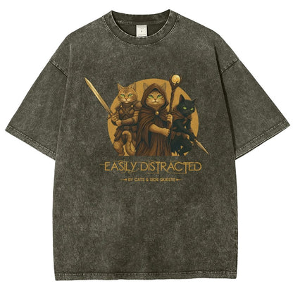 Easily Distracted By Cats And Side Quests Vintage Distressed T-shirt