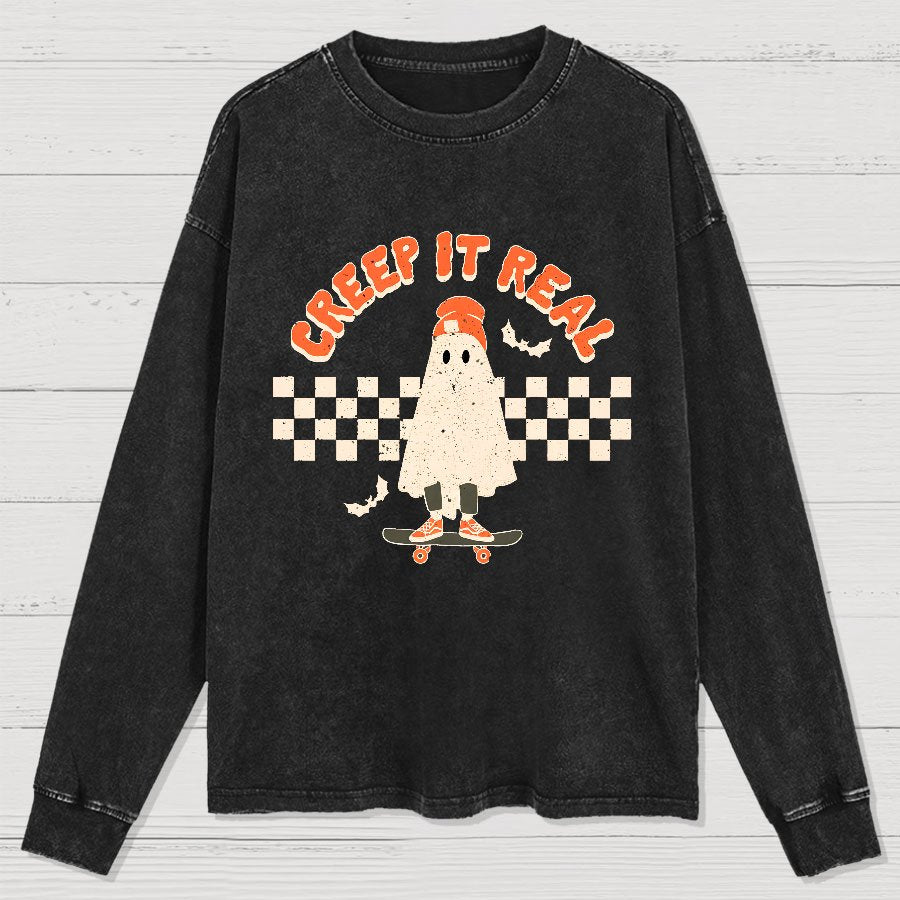 Creep it Real Vintage Ghost Halloween Washed Long Sleeve Tee