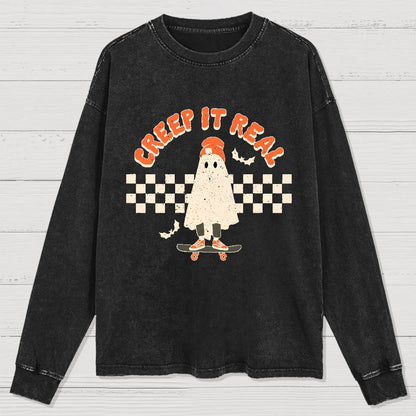 Creep it Real Vintage Ghost Halloween Washed Long Sleeve Tee