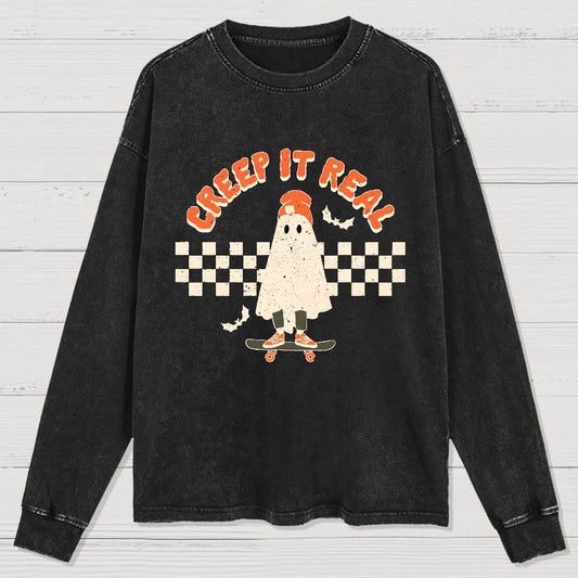 Creep it Real Vintage Ghost Halloween Washed Long Sleeve Tee