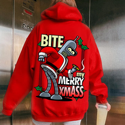 Happy Christmas From Robot Printed Back Cotton Hoodie