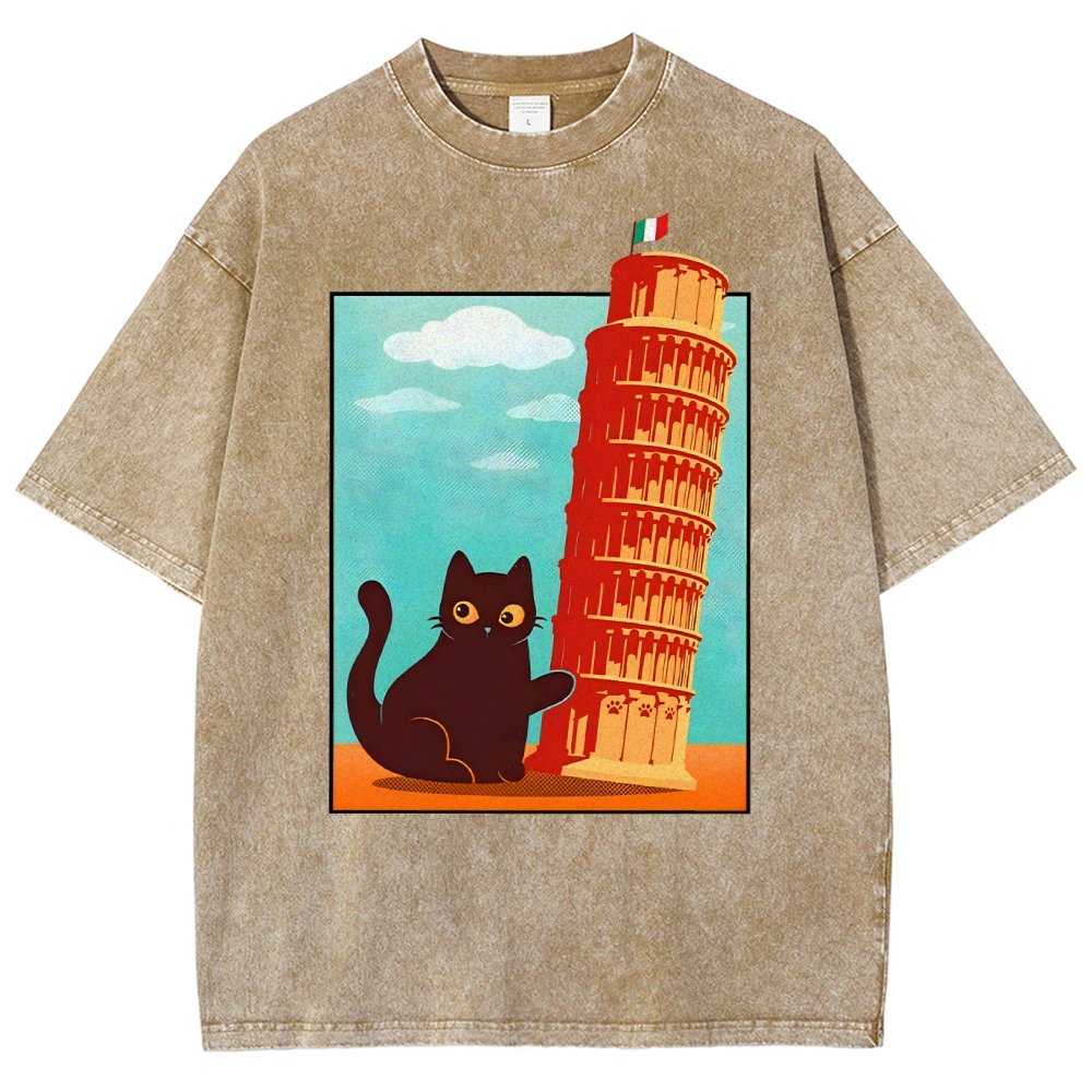 Purrfectly Tilted Funny Cat 。png Vintage Distressed T-shirt
