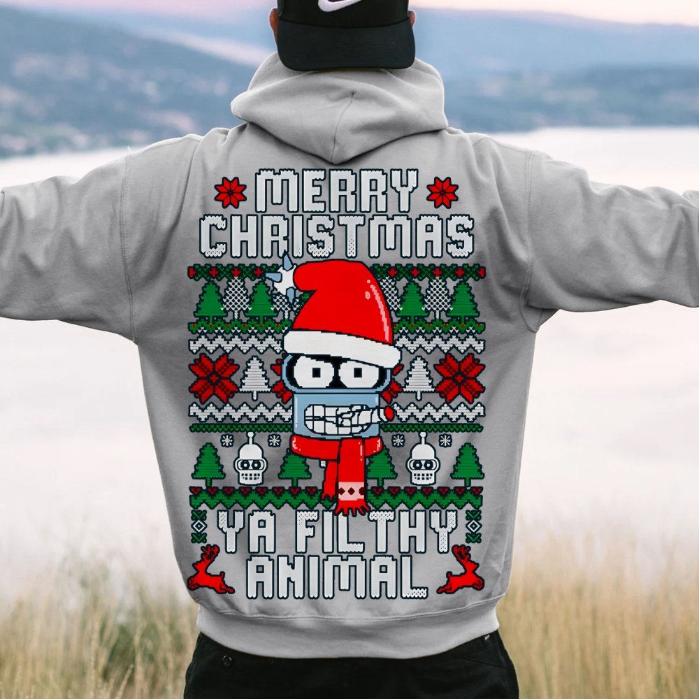Merry Christmas Ya Filthy Animal Printed Back Cotton Hoodie