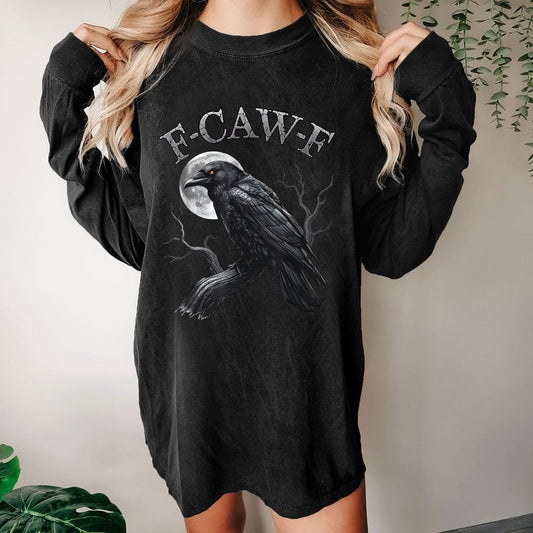 Black Crow F-Caw-F Funny Black Bird Moon Washed Long Sleeve Tee