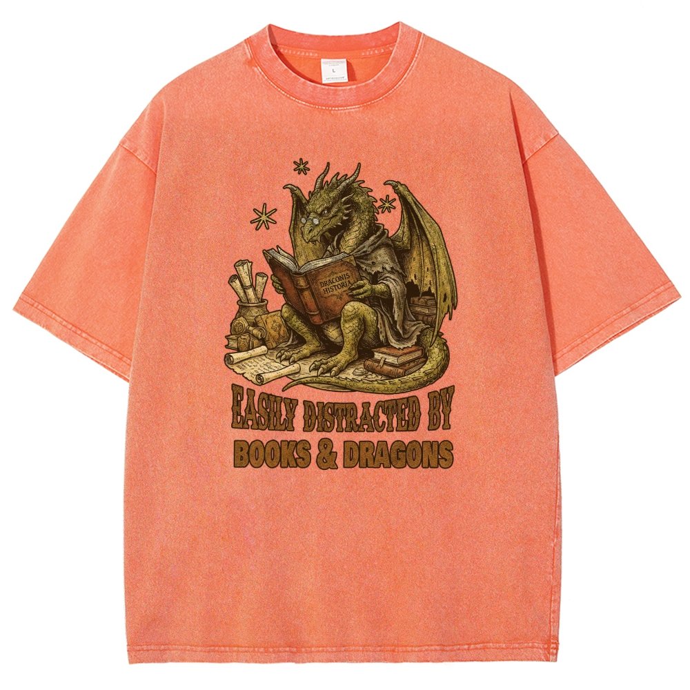Easily Distracted by Books and Dragons Vintage Distressed T-shirt