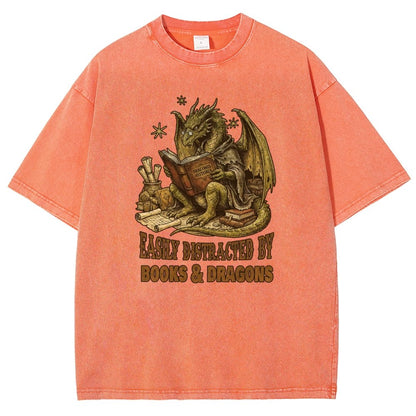 Easily Distracted by Books and Dragons Vintage Distressed T-shirt