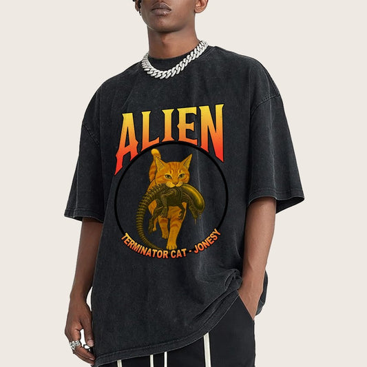 Black Cat Eating Alien Vintage Distressed T-shirt