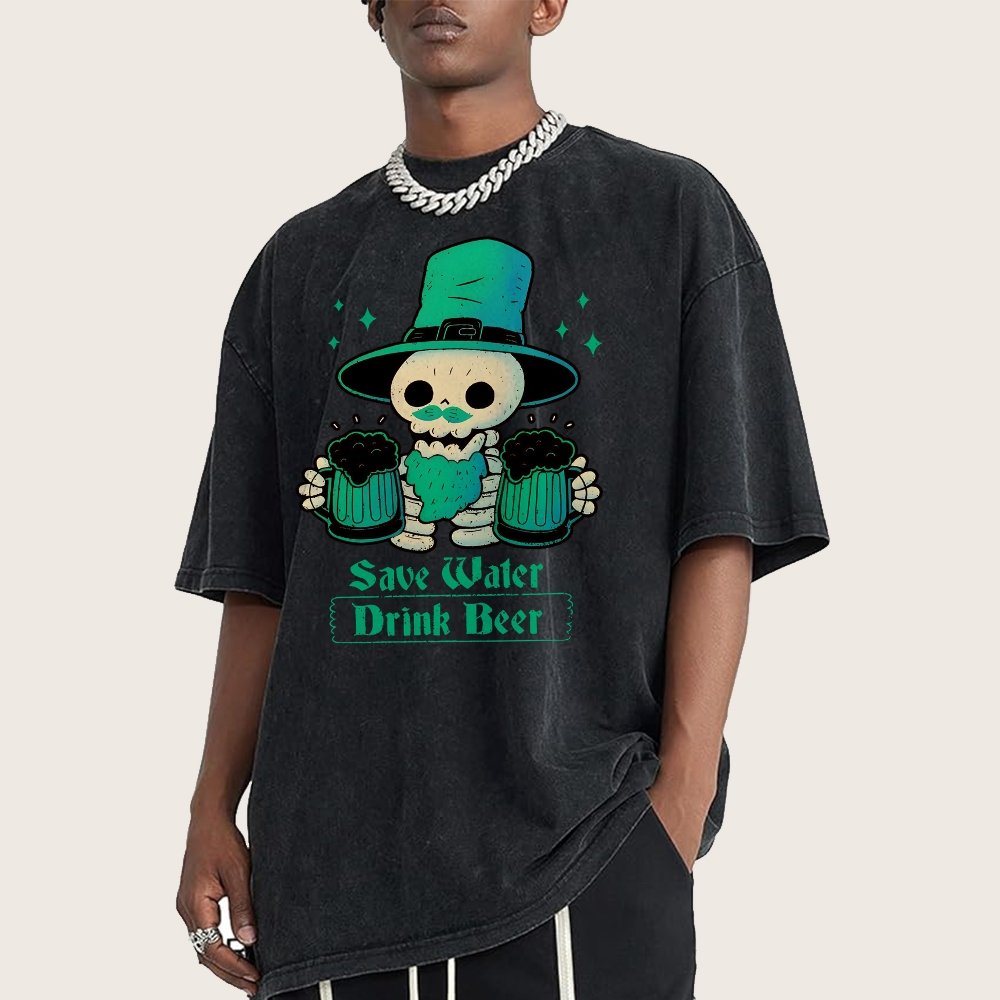 Skeleton St Patrick drinks Beer Vintage Distressed T-shirt