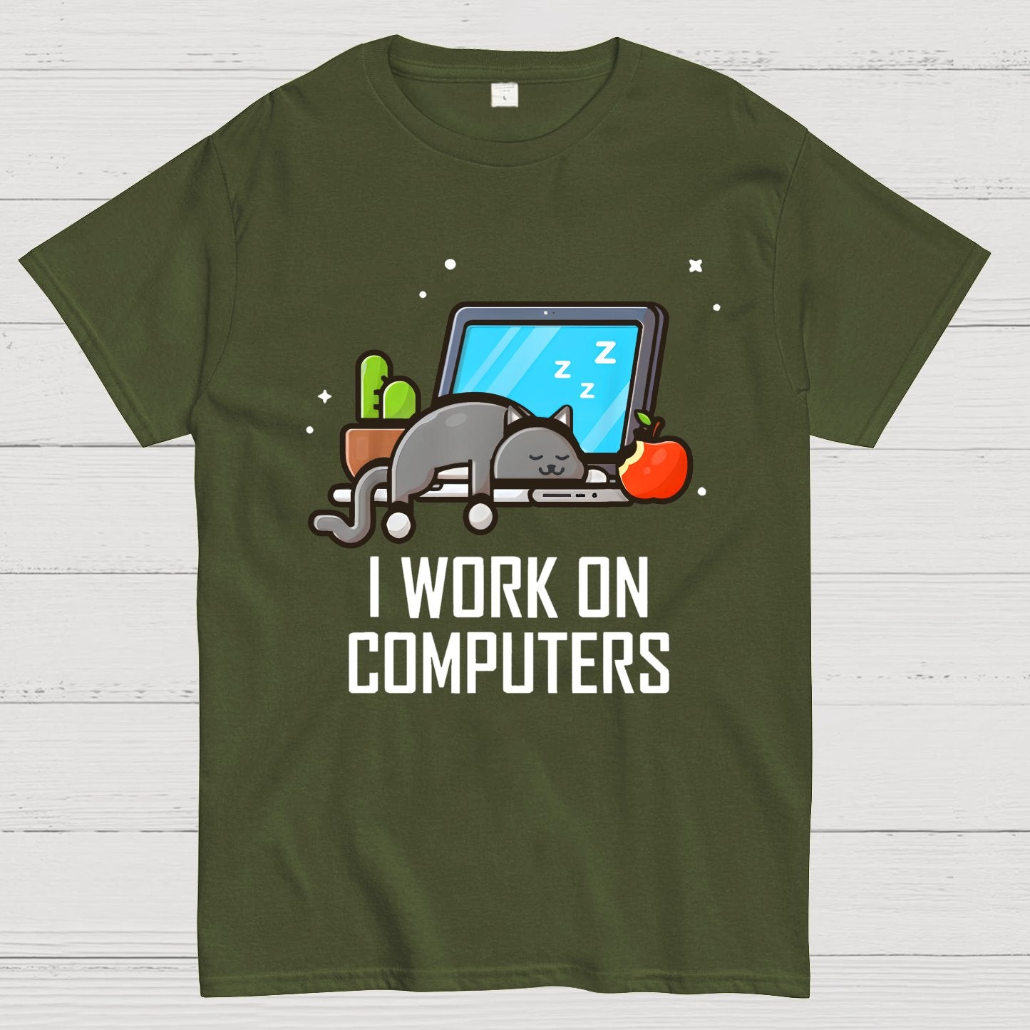 I Work On Computers Funny Cute Tech Coding Cat Geek T-Shirt