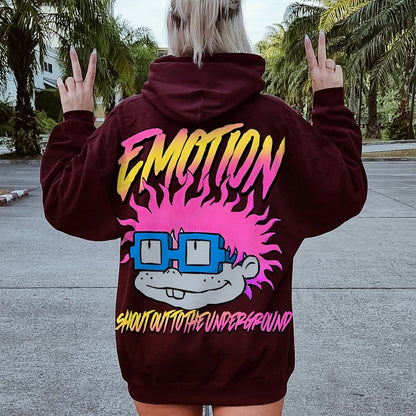 Vintage Cartoon Monster Graphic Print Printed Back Cotton Hoodie