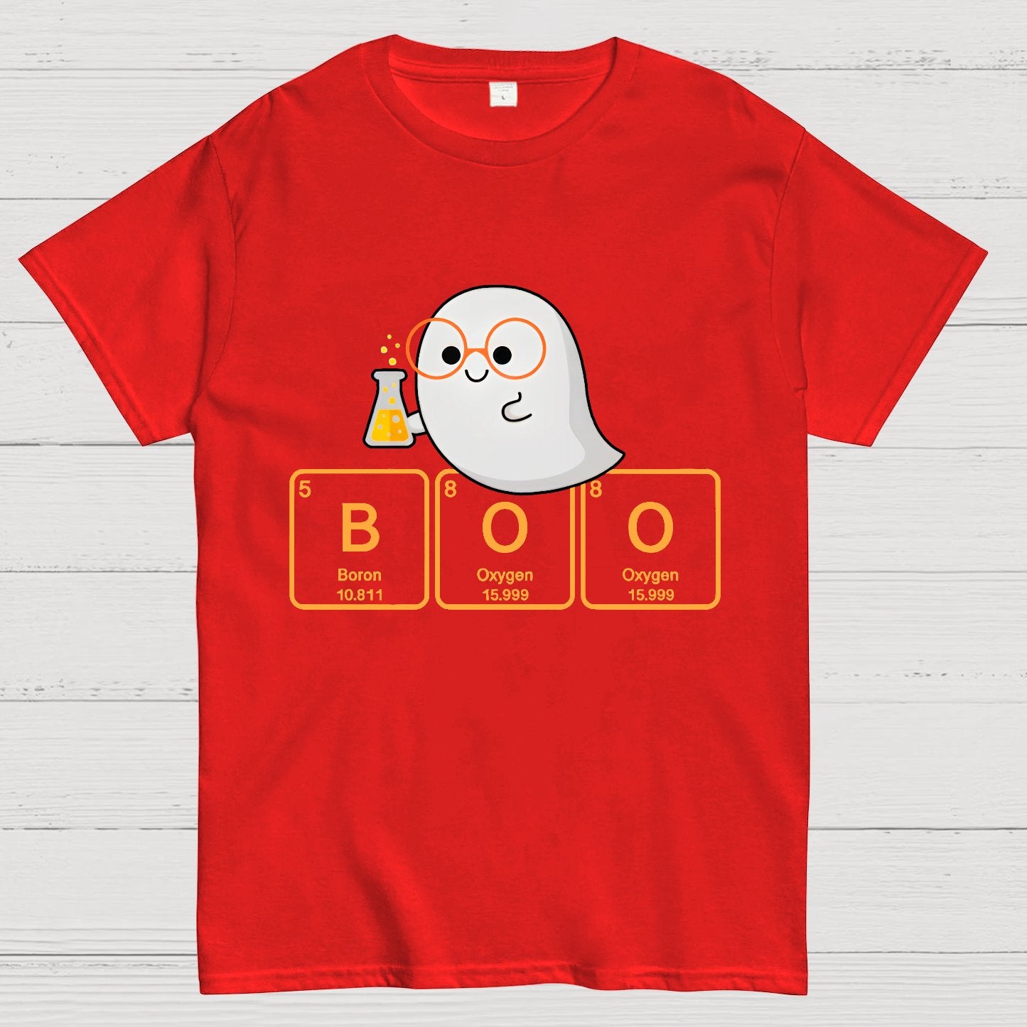 Ghost Scientist With Periodic Table of Elements that Spell BOO, Halloween Geek T-Shirt