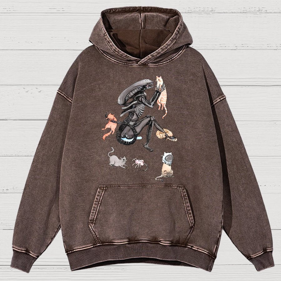 Funny Alien And Cat Vintage Distressed Hoodie