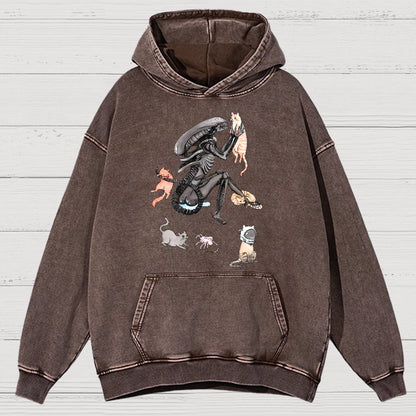 Funny Alien And Cat Vintage Distressed Hoodie