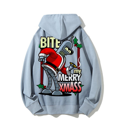 Happy Christmas From Robot Printed Back Cotton Hoodie