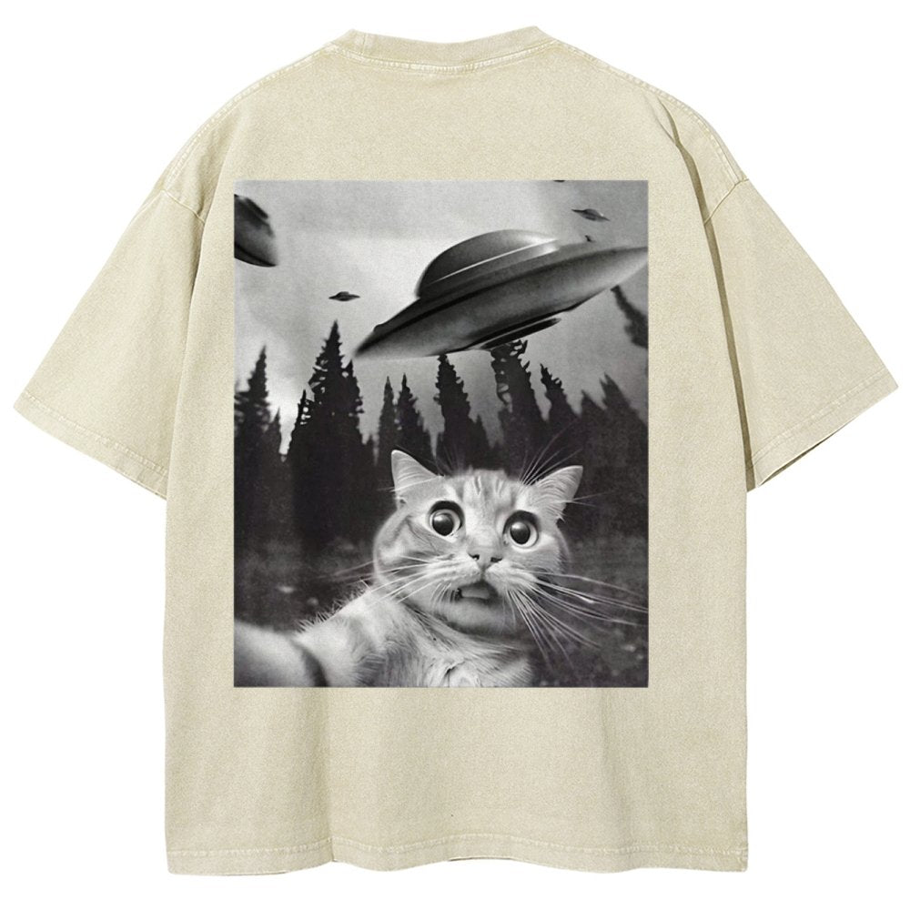 Ufo Cat Back Washed T-Shirt