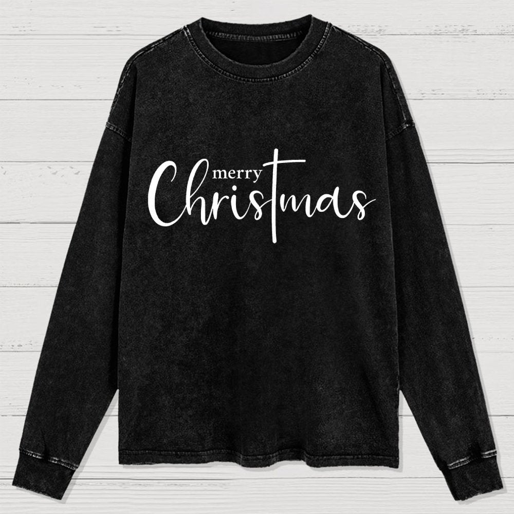Merry Christmas .Christmas Cross Washed Long Sleeve Tee