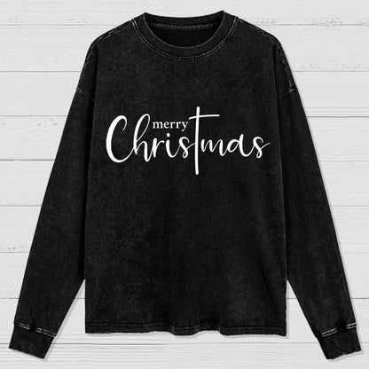 Merry Christmas .Christmas Cross Washed Long Sleeve Tee