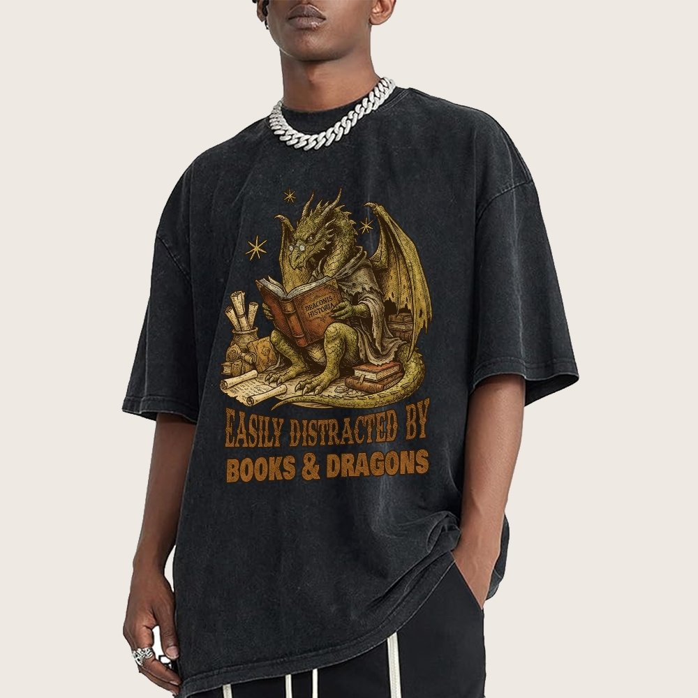 Easily Distracted by Books and Dragons Vintage Distressed T-shirt