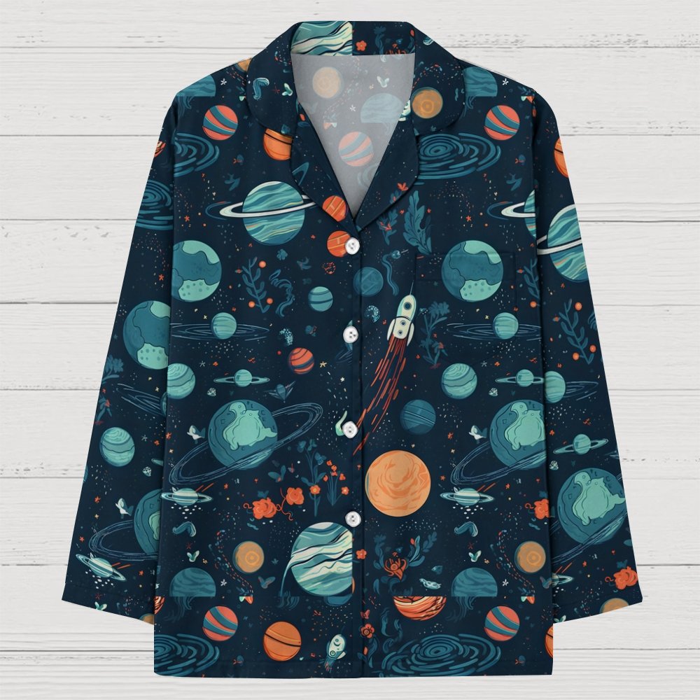 Space Planet Rocket Art Print Geek Long Sleeve Pajama Set