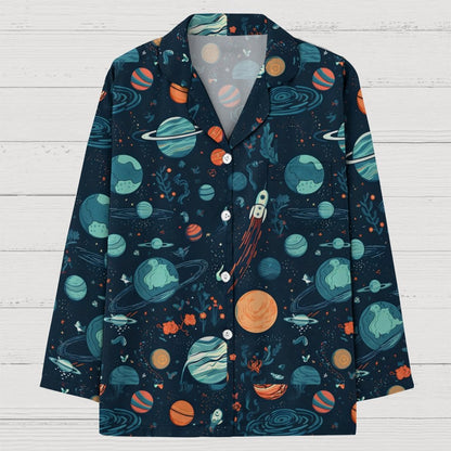 Space Planet Rocket Art Print Geek Long Sleeve Pajama Set