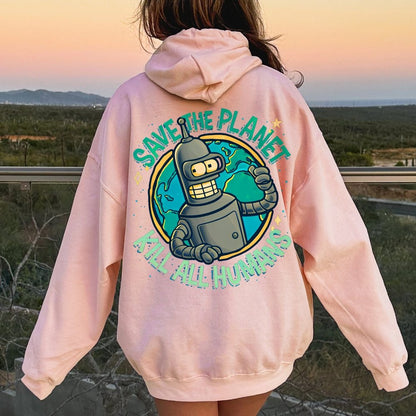 Save The Planet Kill All Humans Geek Printed Back Cotton Hoodie