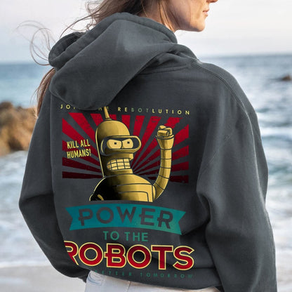 Power To The Robots Printed Back Cotton Hoodie