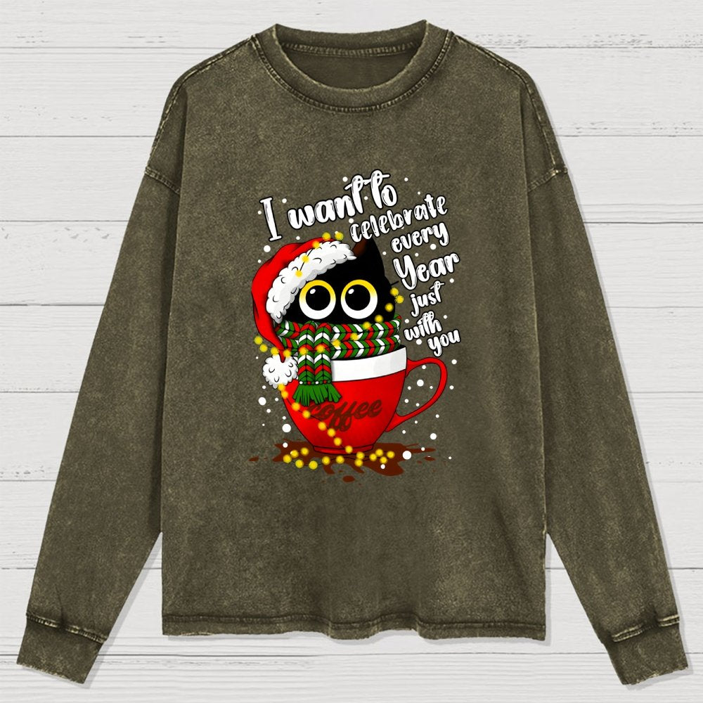 Christmas Cat Washed Long Sleeve Tee