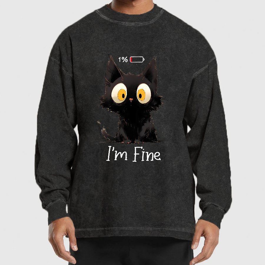 I'm Fine Black Cat Washed Long Sleeve Tee