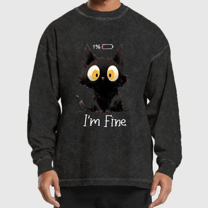 I'm Fine Black Cat Washed Long Sleeve Tee