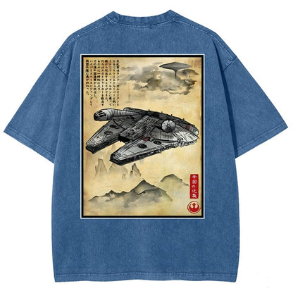 Escape from Sky City woodblock Back Print Washed T-Shirt